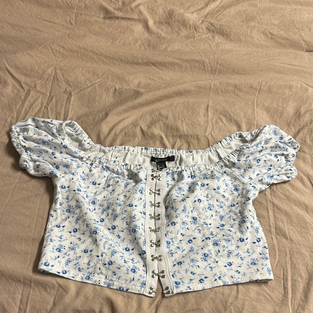 Forever 21 multicolored off the shoulder puff sleeve crop top